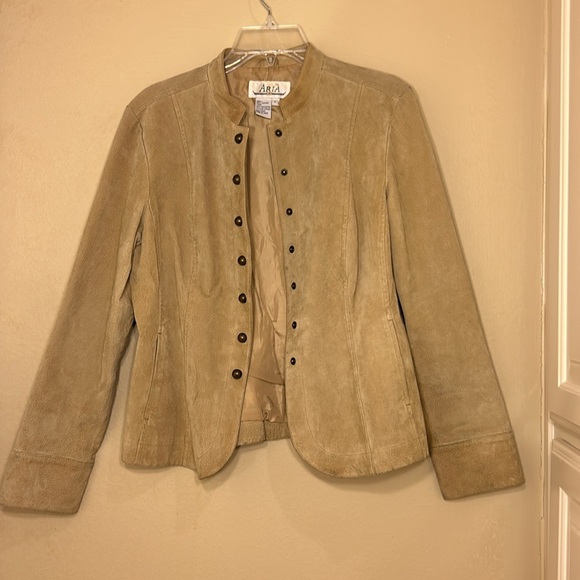 Vintage suede button down long sleeve leather beige tan jacket Aria - Picture 3 of 10